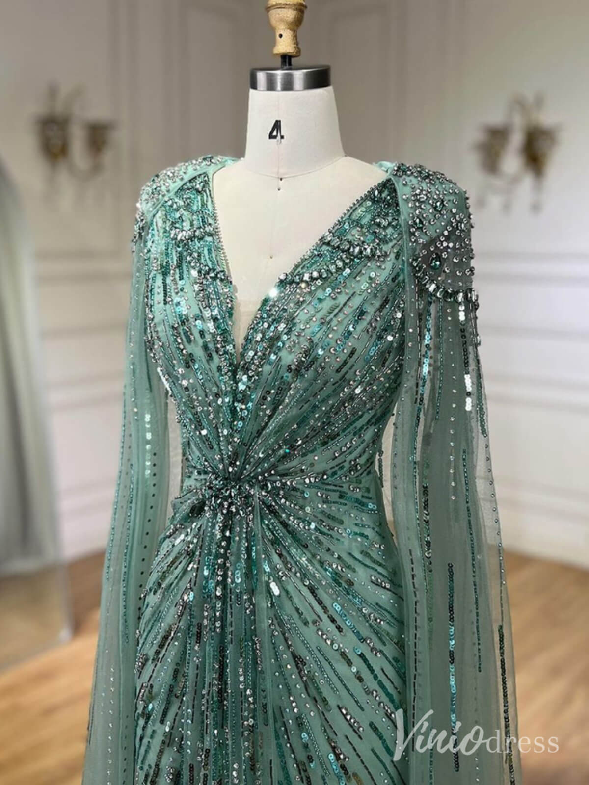 Cape Sleeve Prom Dresses Beaded V-Neck Wedding Guest Dress AD1258-Evening Dresses 2025 -Viniodress-Light Green-US 2-