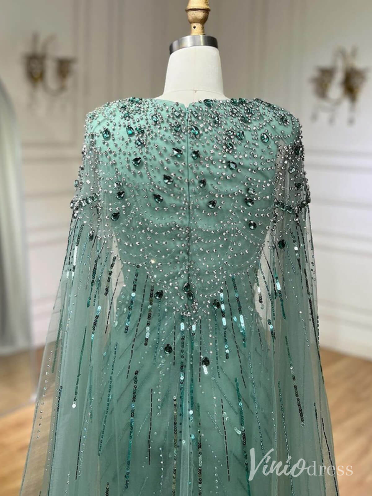 Cape Sleeve Prom Dresses Beaded V-Neck Wedding Guest Dress AD1258-Evening Dresses 2025 -Viniodress-Light Green-US 2-