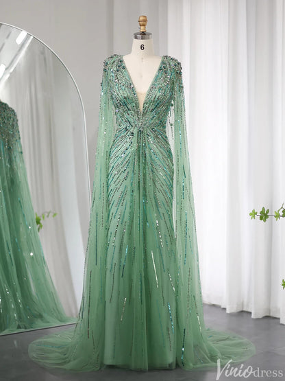 Cape Sleeve Prom Dresses Beaded V-Neck Wedding Guest Dress AD1258-Evening Dresses 2025 -Viniodress-Light Green-US 2-