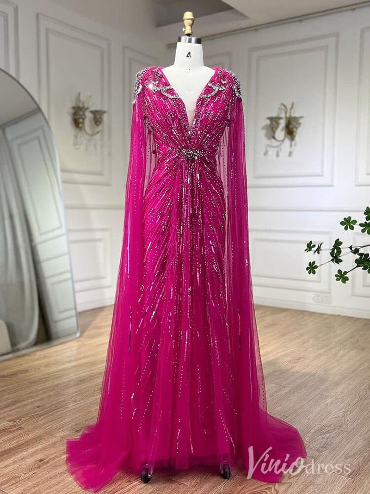 Cape Sleeve Prom Dresses Beaded V-Neck Wedding Guest Dress AD1258-Evening Dresses 2025 -Viniodress-Magenta-US 2-