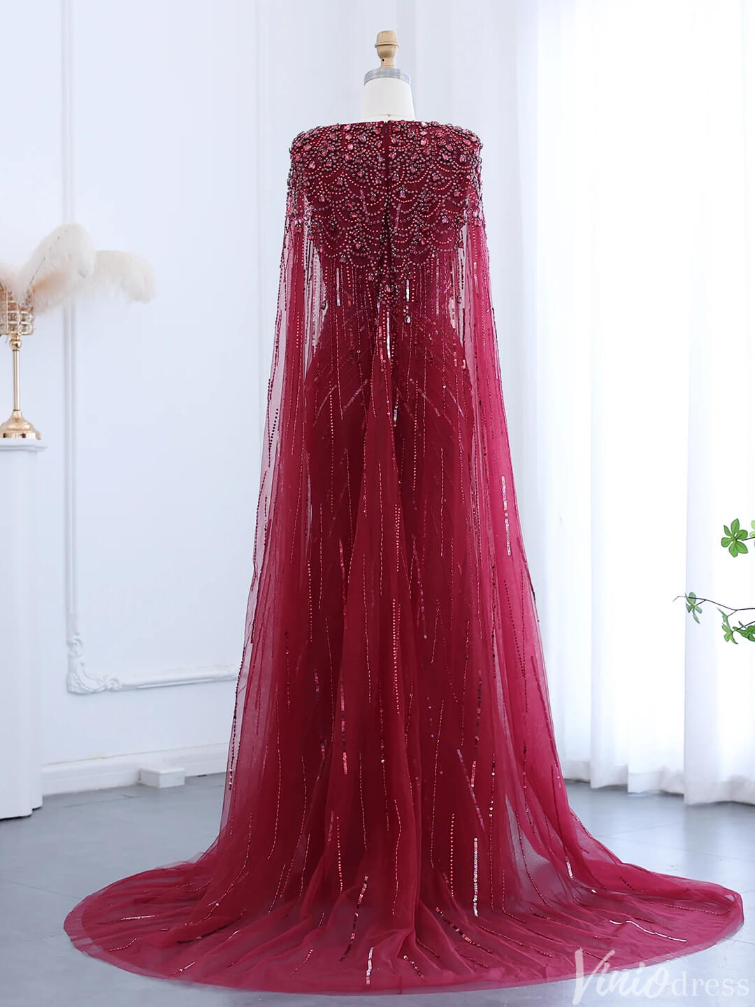 Cape Sleeve Prom Dresses Beaded V - Neck Wedding Guest Dress AD1258 - ViniodressEvening DressesBurgundyUS 2 - Formal Dresses - Ball Gowns