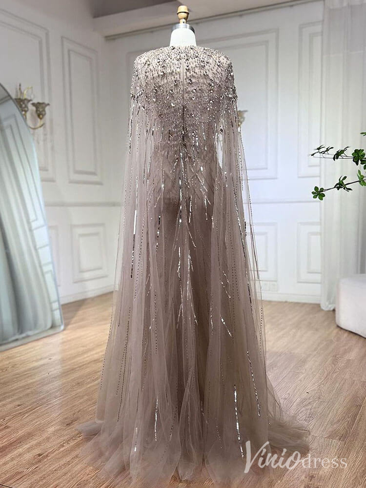 Cape Sleeve Prom Dresses Beaded V - Neck Wedding Guest Dress AD1258 - ViniodressEvening DressesKhakiUS 2 - Formal Dresses - Ball Gowns