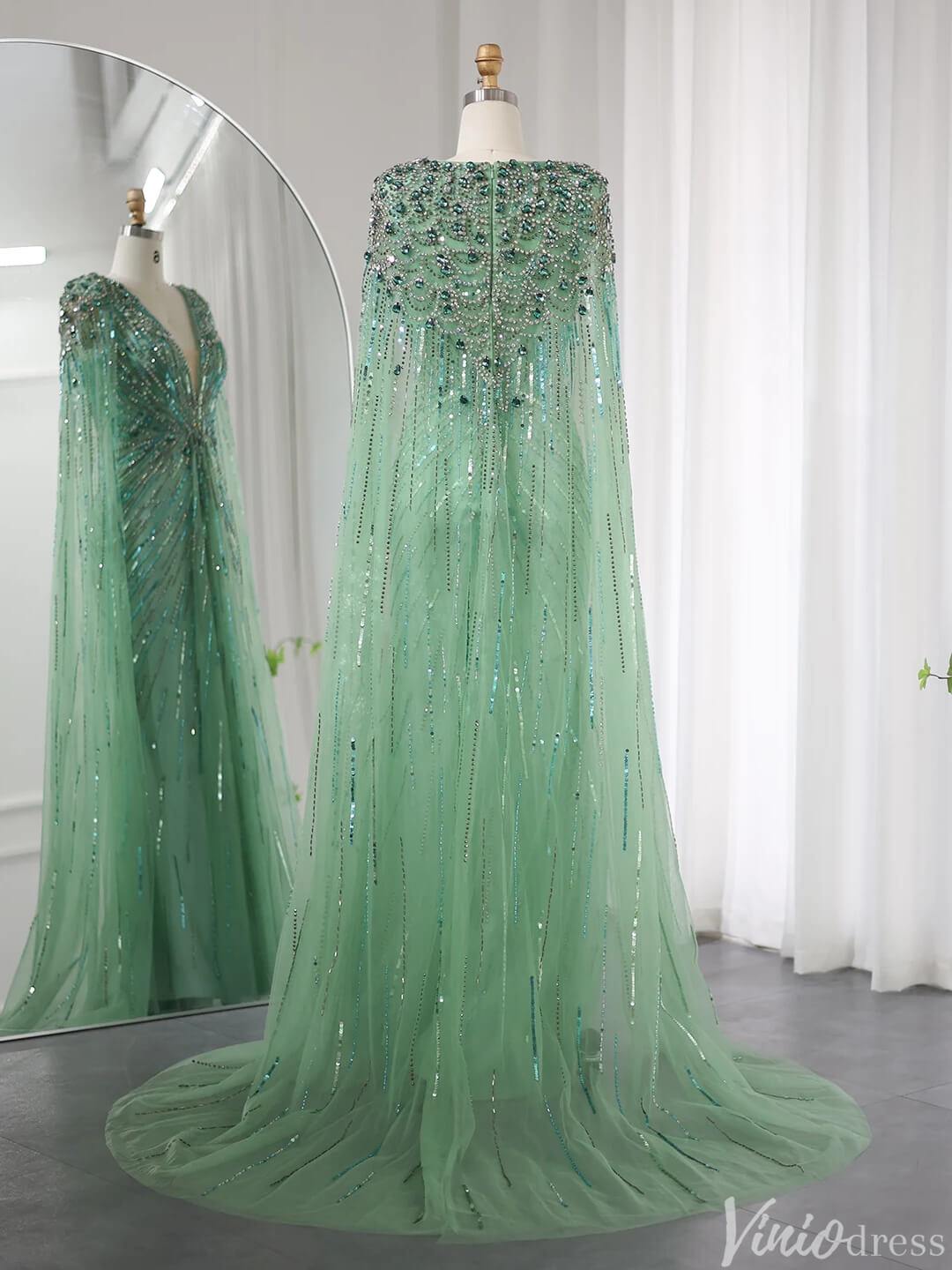 Cape Sleeve Prom Dresses Beaded V - Neck Wedding Guest Dress AD1258 - ViniodressEvening DressesLight GreenUS 2 - Formal Dresses - Ball Gowns