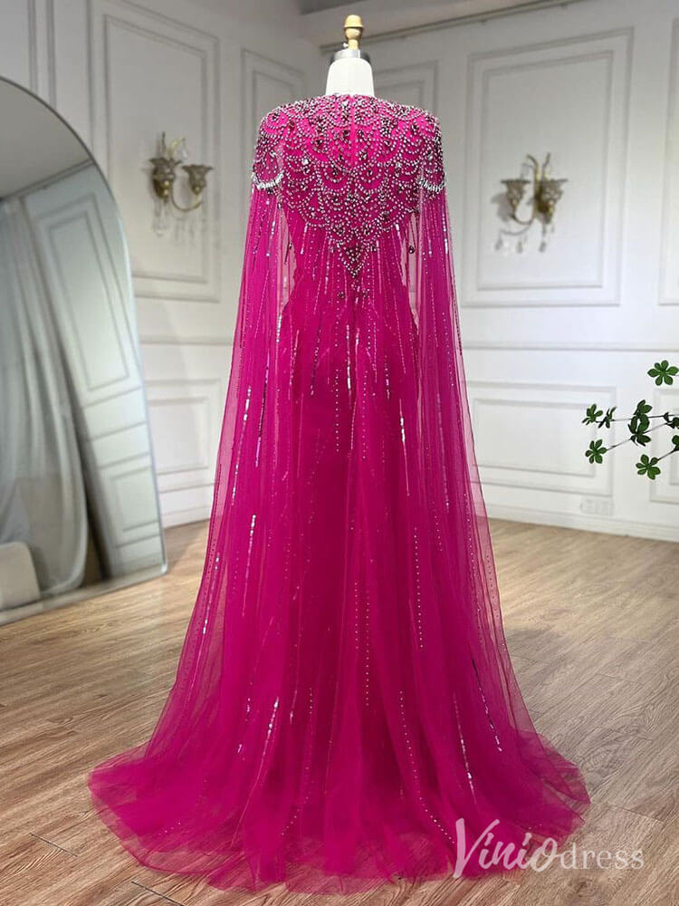 Cape Sleeve Prom Dresses Beaded V - Neck Wedding Guest Dress AD1258 - ViniodressEvening DressesMagentaUS 2 - Formal Dresses - Ball Gowns