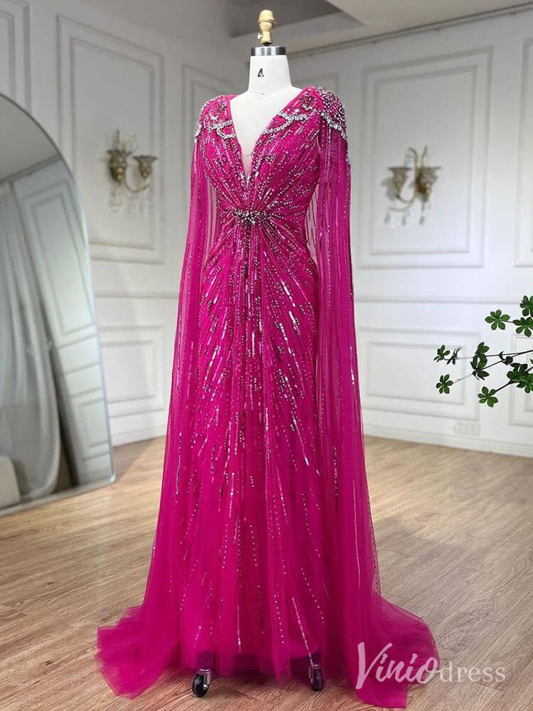 Cape Sleeve Prom Dresses Beaded V - Neck Wedding Guest Dress AD1258 - ViniodressEvening DressesMagentaUS 2 - Formal Dresses - Ball Gowns