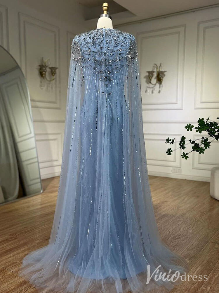 Cape Sleeve Prom Dresses Beaded V - Neck Wedding Guest Dress AD1258 - ViniodressEvening DressesLight BlueUS 2 - Formal Dresses - Ball Gowns