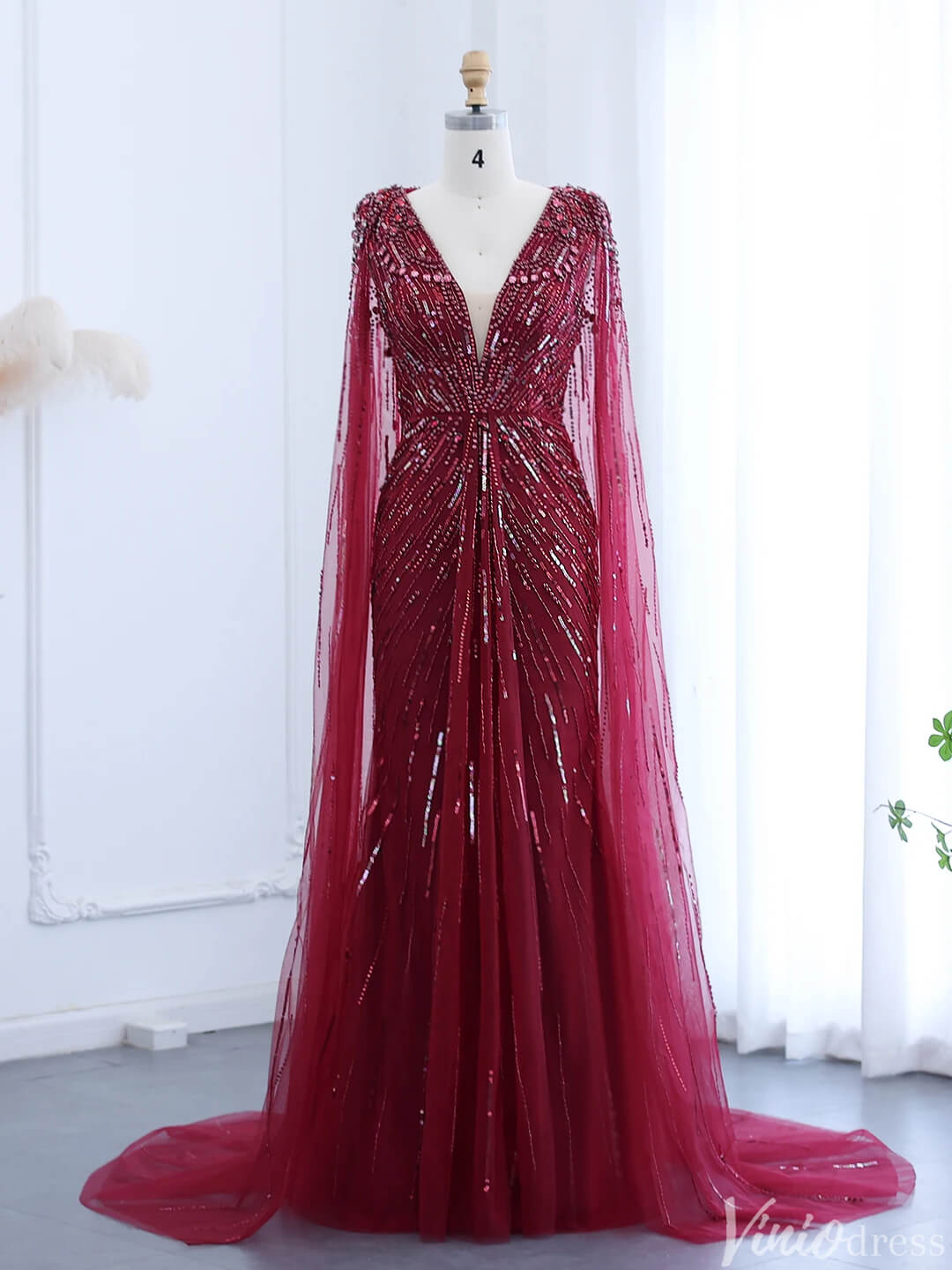 Cape Sleeve Prom Dresses Beaded V - Neck Wedding Guest Dress AD1258 - ViniodressEvening DressesBurgundyUS 2 - Formal Dresses - Ball Gowns