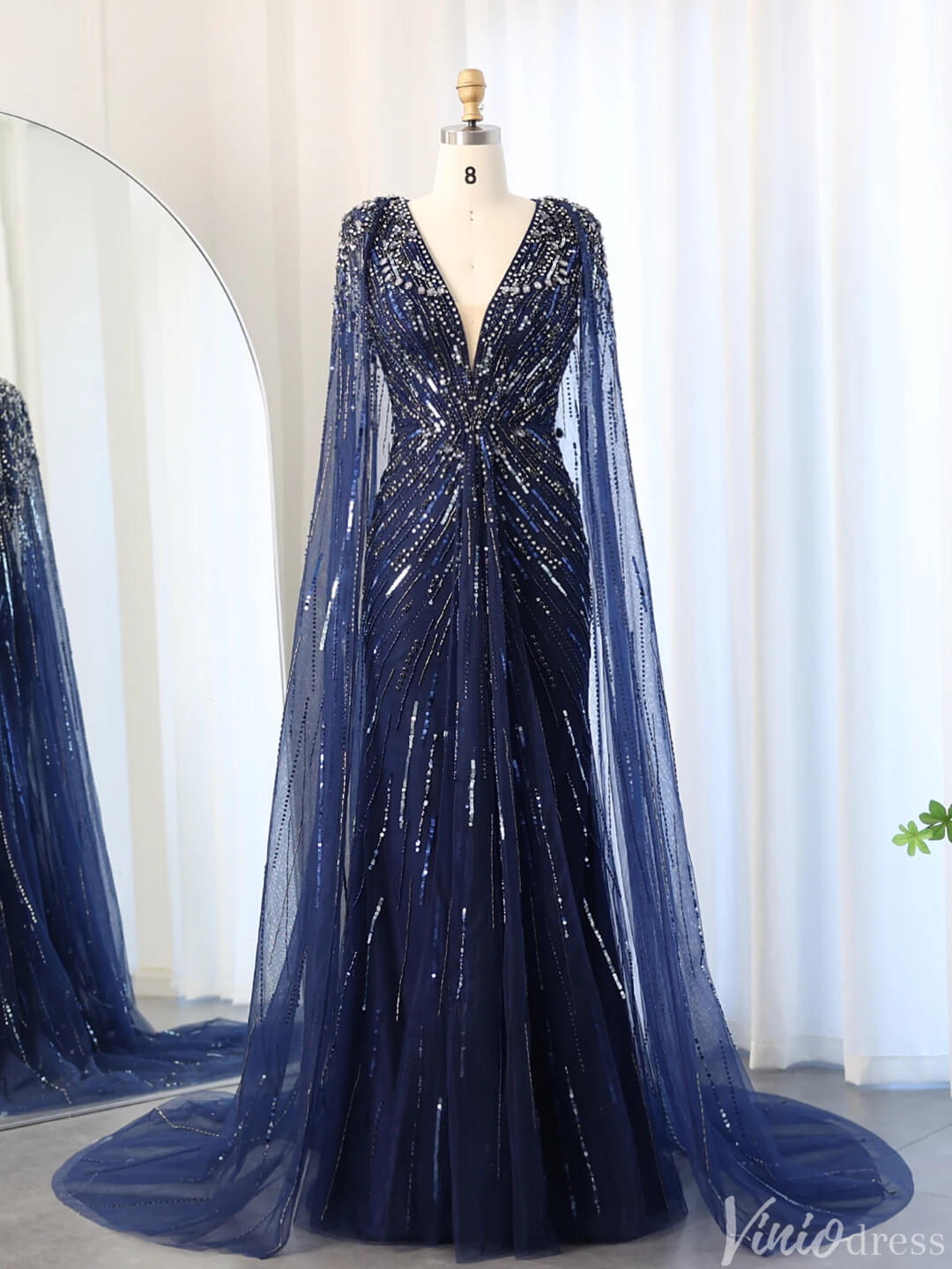 Cape Sleeve Prom Dresses Beaded V - Neck Wedding Guest Dress AD1258 - ViniodressEvening DressesNavy BlueUS 2 - Formal Dresses - Ball Gowns