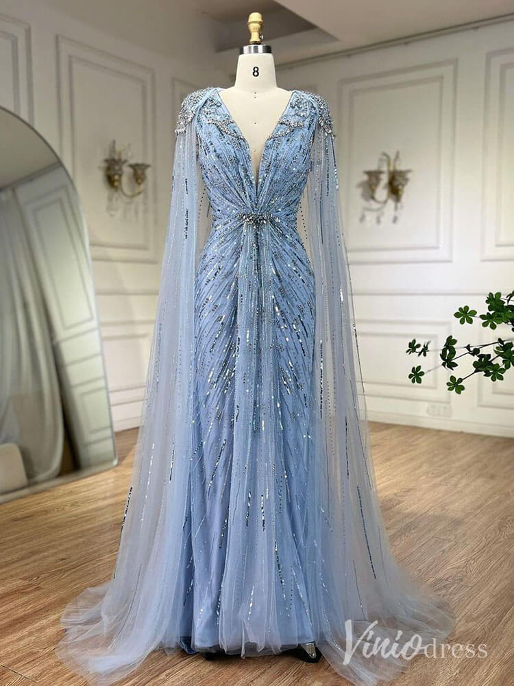 Prom Dress 2025 Cape Sleeve Prom Dresses Beaded V-Neck Wedding Guest Dress AD1258-unique prom dresses-Light Blue-US 2-Viniodress