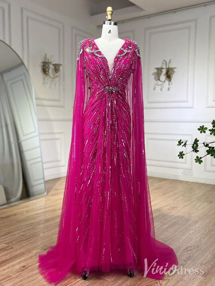 Prom Dress 2025 Cape Sleeve Prom Dresses Beaded V-Neck Wedding Guest Dress AD1258-unique prom dresses-Magenta-US 2-Viniodress