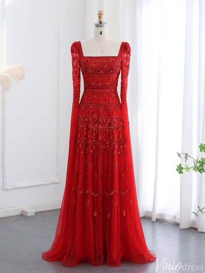 Caped Beaded Wedding Guest Dress Square Neck Evening Gown FD1427-Evening Dresses 2025 -Viniodress-Red-US 2-