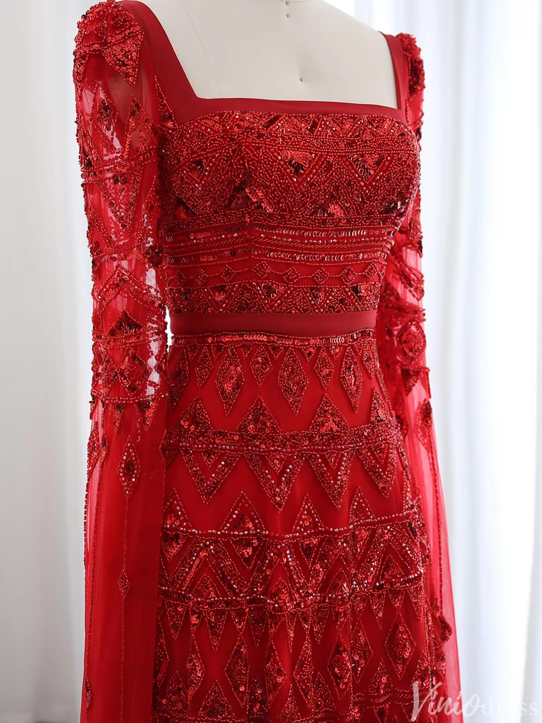 Caped Beaded Wedding Guest Dress Square Neck Evening Gown FD1427-Evening Dresses 2025 -Viniodress-Red-US 2-