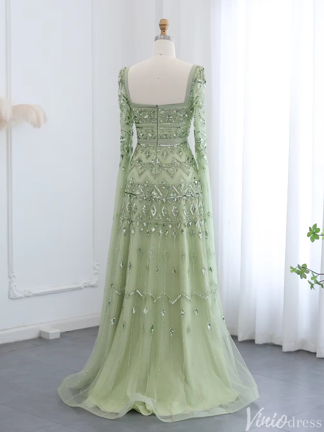 Caped Beaded Wedding Guest Dress Square Neck Evening Gown FD1427-Evening Dresses 2025 -Viniodress-Red-US 2-