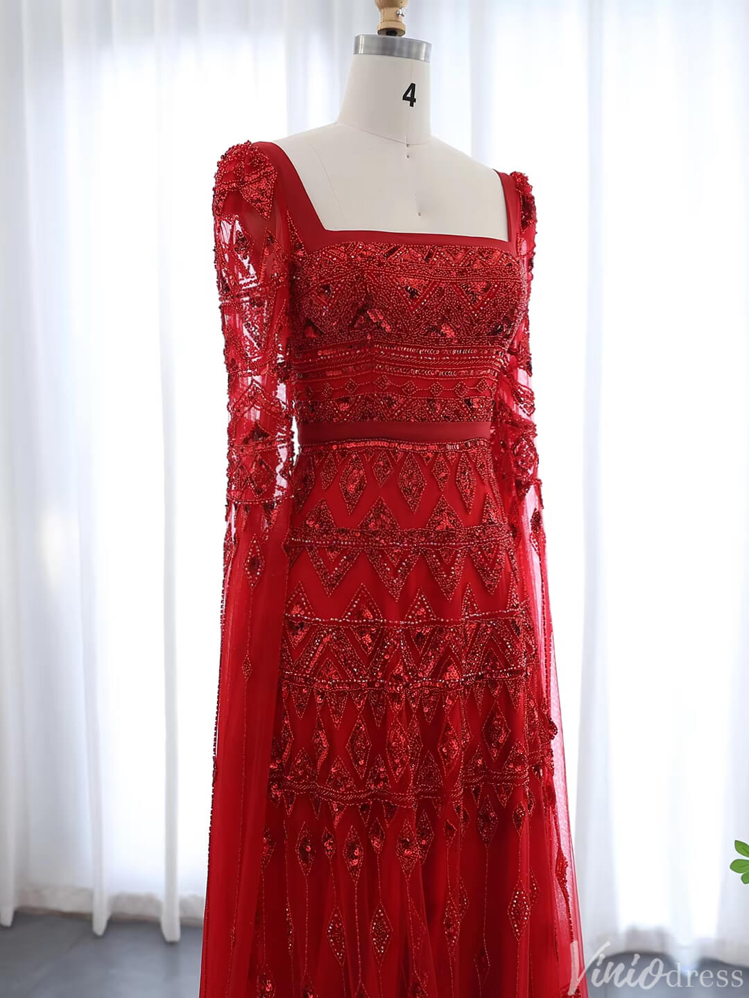 Prom Dress 2025 Caped Beaded Wedding Guest Dress Square Neck Evening Gown FD1427-unique prom dresses-Red-US 2-Viniodress