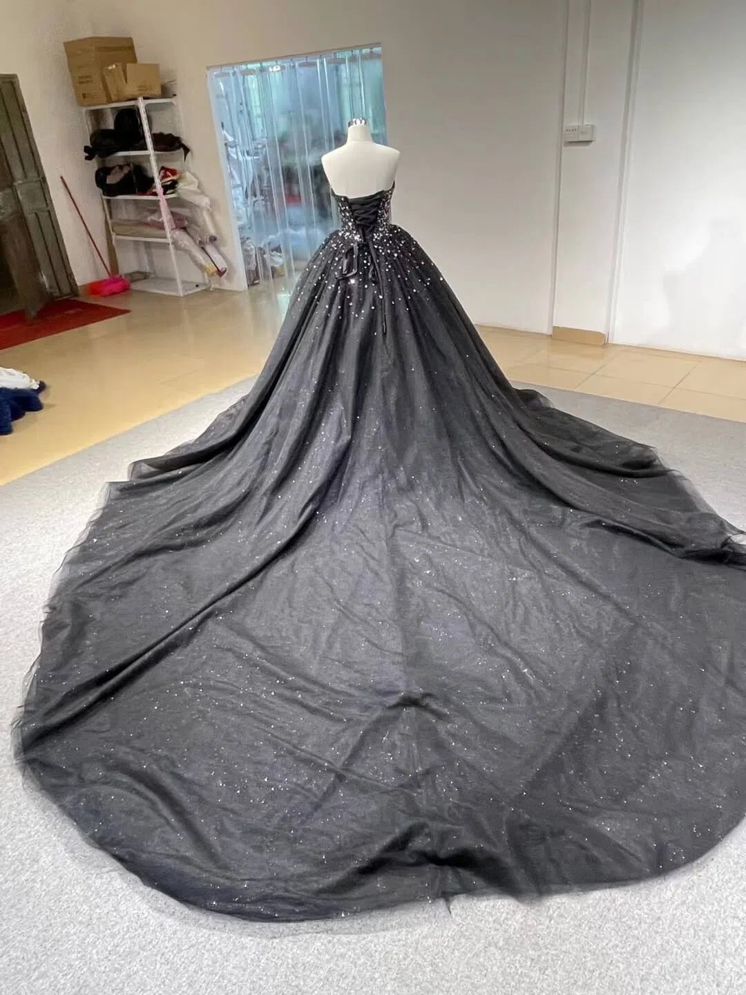 Cathedral Train Black Ball Gown Strapless Beaded Wedding Dresses 66818 viniodress-Quinceanera Dresses 2025 -Viniodress-Black-Custom Size-