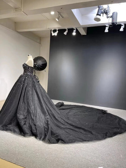 Cathedral Train Black Ball Gown Strapless Beaded Wedding Dresses 66818 viniodress-Quinceanera Dresses 2025 -Viniodress-Black-Custom Size-