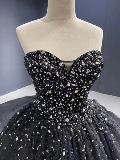 Cathedral Train Black Ball Gown Strapless Beaded Wedding Dresses 66818 viniodress-Quinceanera Dresses 2025 -Viniodress-Black-Custom Size-