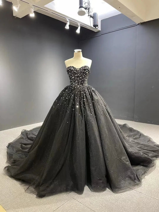Cathedral Train Black Ball Gown Strapless Beaded Wedding Dresses 66818 viniodress-Quinceanera Dresses 2025 -Viniodress-Black-Custom Size-