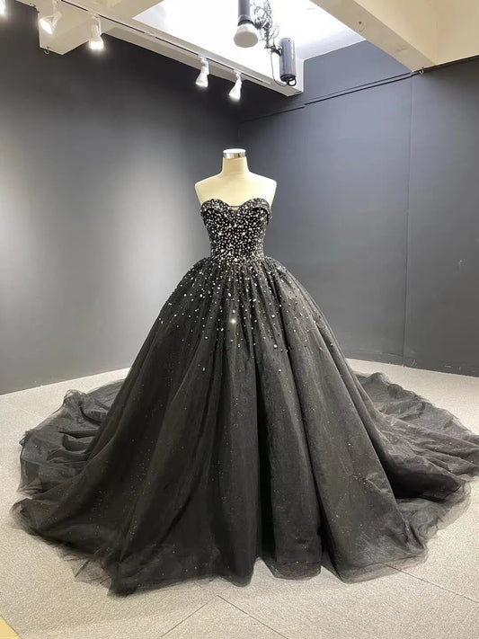 Quinceanera Dresses 2025 Cathedral Train Black Ball Gown Strapless Beaded Wedding Dresses 66818 viniodress-plus size wedding dresses Viniodress-Black-Custom Size-