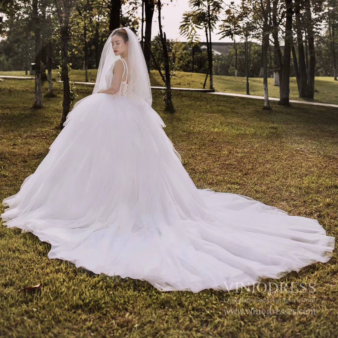 Cathedral White Wedding Dresses Double Strap Ball Gown Bridal Dress VW1518-wedding dresses-Viniodress-Viniodress