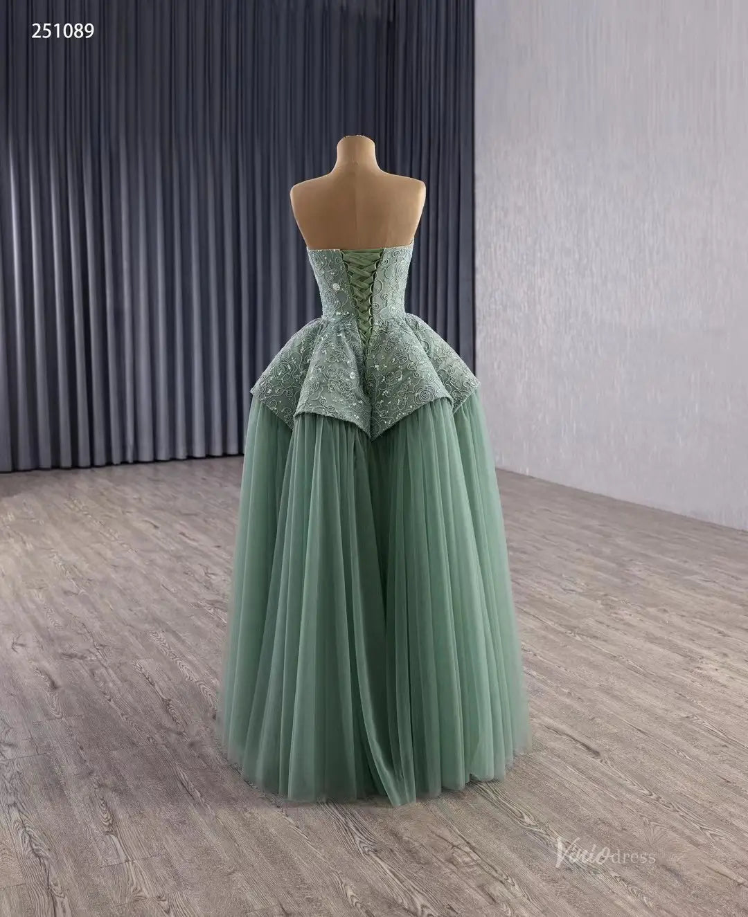 Celebrity Style Strapless Sage Green Ball Gown | Couture Formal Dress Viniodress Celebrity Style Strapless Sage Green Ball Gown | Couture Formal Dress Viniodress