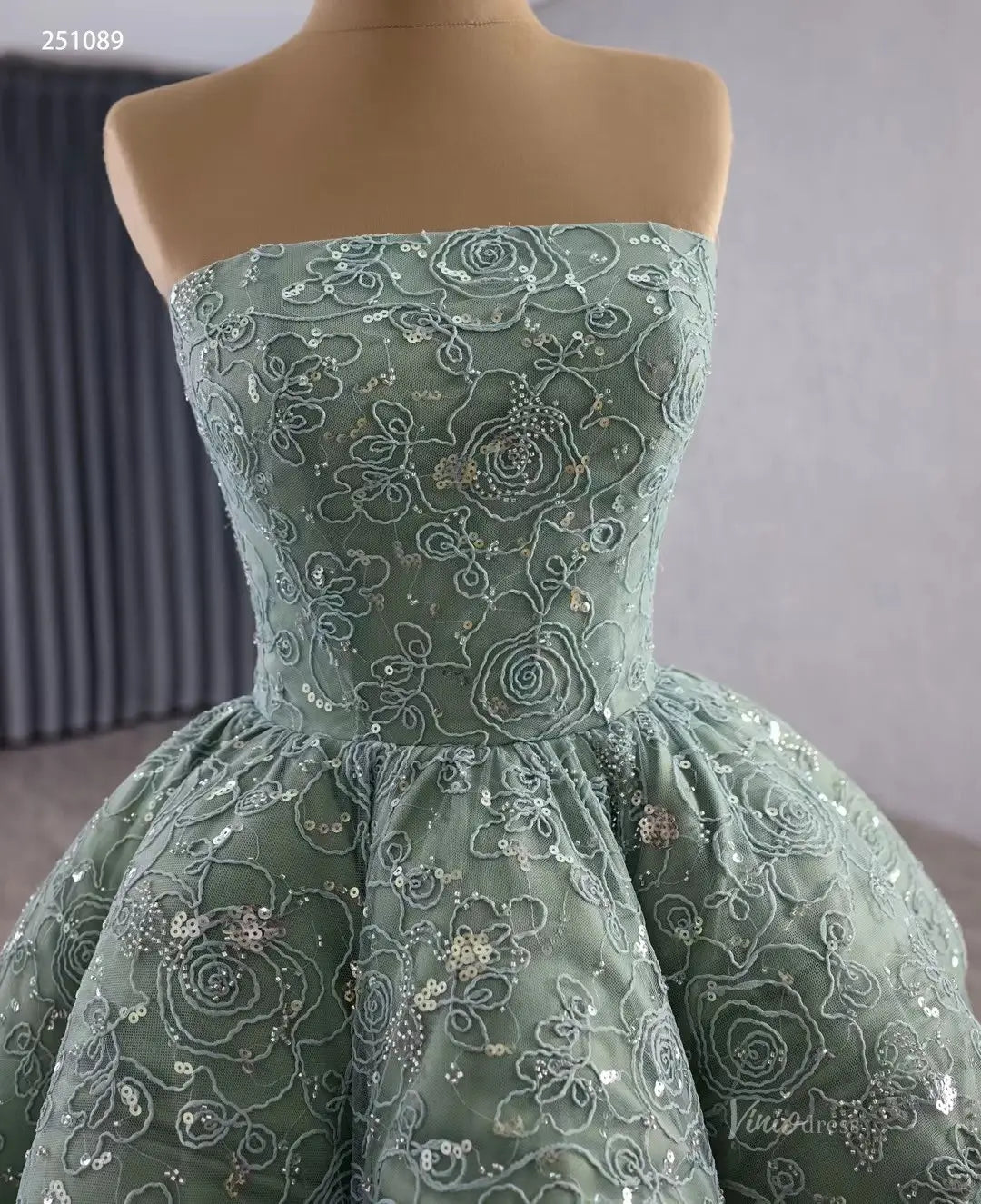 Celebrity Style Strapless Sage Green Ball Gown | Couture Formal Dress Viniodress Celebrity Style Strapless Sage Green Ball Gown | Couture Formal Dress Viniodress