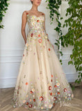 Champagne 3D Floral Lace Prom Dresses Spaghetti Strap Formal Gown TO003