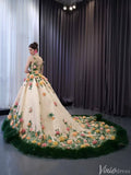 Champagne 3D Flower Wedding Gown Green Ruffled Quinceanera Dresses 241067-Quinceanera Dresses-Viniodress-Viniodress