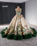 Champagne 3D Flower Wedding Gown Green Ruffled Quinceanera Dresses 241067-Quinceanera Dresses-Viniodress-Viniodress