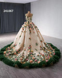 Champagne 3D Flower Wedding Gown Green Ruffled Quinceanera Dresses 241067-Quinceanera Dresses-Viniodress-Viniodress