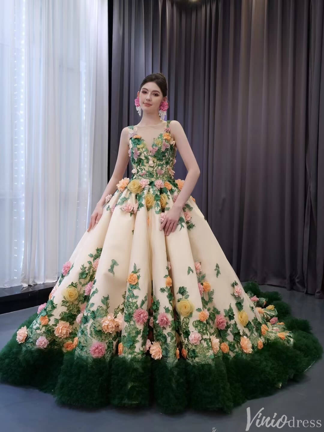 Champagne 3D Flower Wedding Gown Green Ruffled Quinceanera Dresses 241067-Quinceanera Dresses-Viniodress-Viniodress