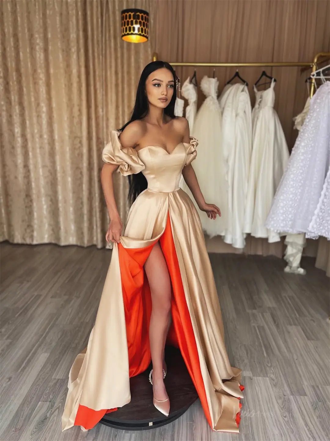 Champagne and Orange Satin Prom Dresses 2025 Puffed Sleeve Formal Gown Viniodress Champagne and Orange Satin Prom Dresses 2025 Puffed Sleeve Formal Gown Viniodress