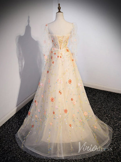 Champagne Beaded Floral Lace Prom Dresses 2024 Sheer Long Sleeve 90022-prom dresses 2025 -Viniodress-Champagne-Custom Size-