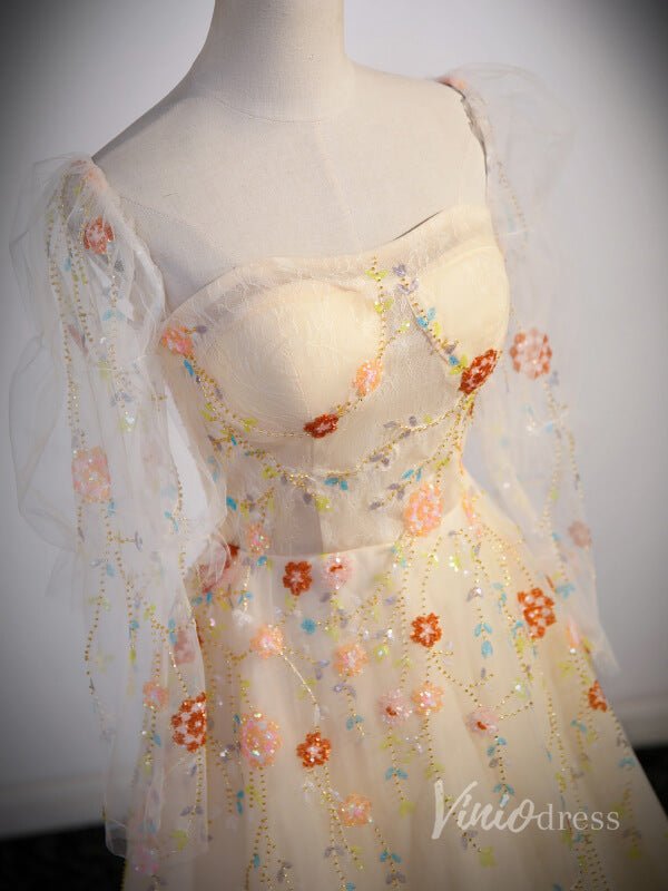 Champagne Beaded Floral Lace Prom Dresses 2024 Sheer Long Sleeve 90022-prom dresses 2025 -Viniodress-Champagne-Custom Size-