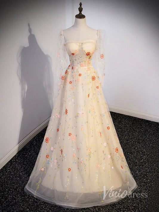 Champagne Beaded Floral Lace Prom Dresses 2024 Sheer Long Sleeve 90022-prom dresses 2025 -Viniodress-Champagne-Custom Size-