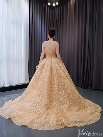 Champagne Beaded Floral Lace Wedding Gown Strapless Quinceanera Dress 241036-Quinceanera Dresses 2025 -Viniodress-Champagne-Custom Size-