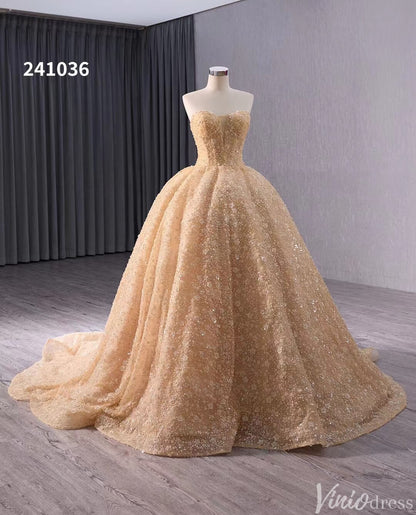 Champagne Beaded Floral Lace Wedding Gown Strapless Quinceanera Dress 241036-Quinceanera Dresses 2025 -Viniodress-Champagne-Custom Size-