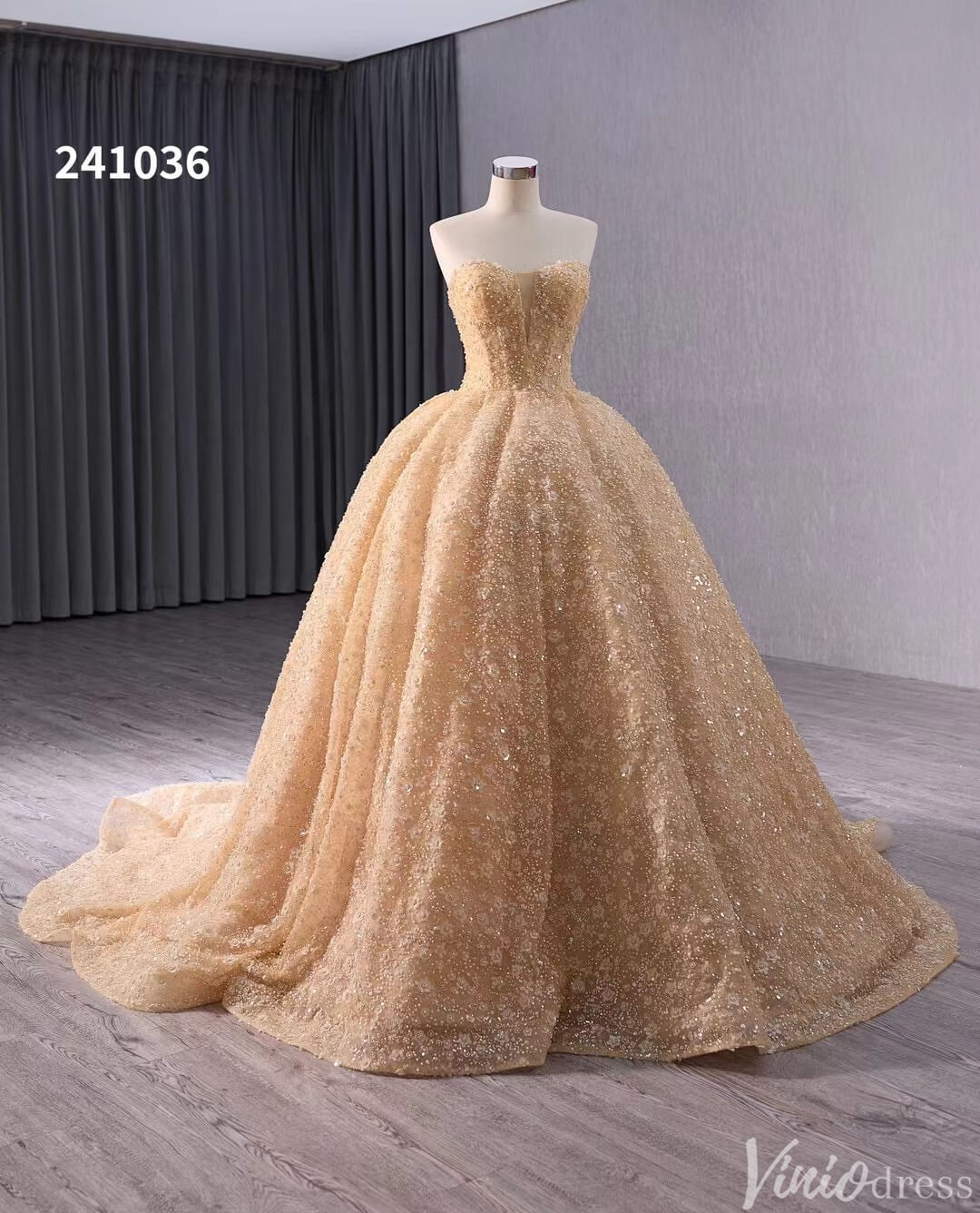 Champagne Beaded Floral Lace Wedding Gown Strapless Quinceanera Dress 241036-Quinceanera Dresses-Viniodress-Viniodress