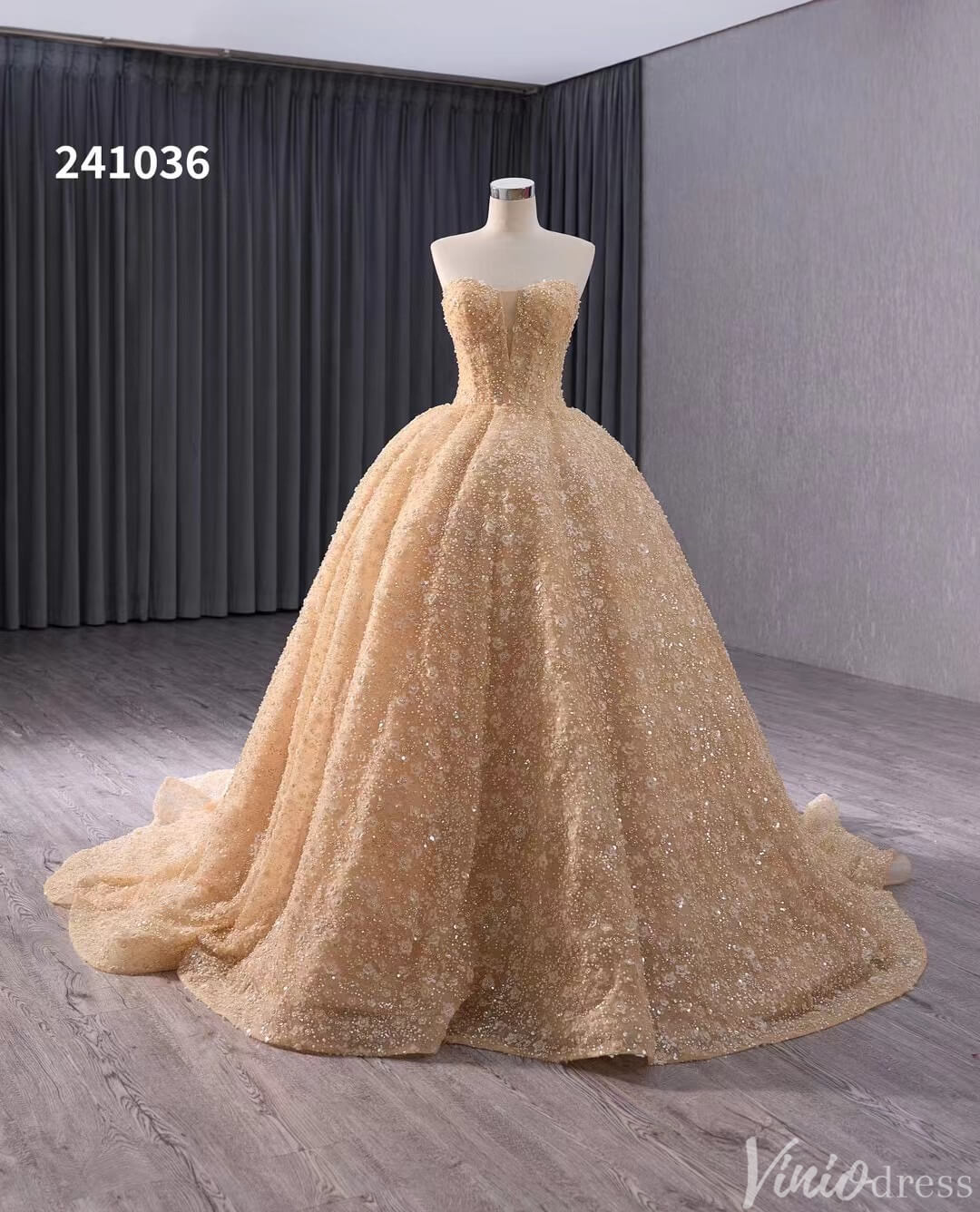 Champagne Beaded Floral Lace Wedding Gown Strapless Quinceanera Dress 241036-Quinceanera Dresses-Viniodress-Viniodress