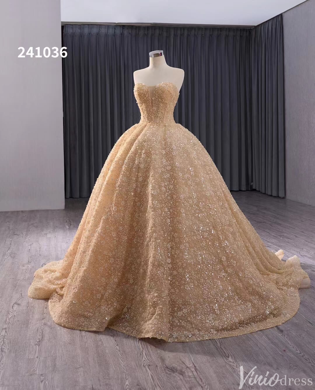 Champagne Beaded Floral Lace Wedding Gown Strapless Quinceanera Dress 241036-Quinceanera Dresses-Viniodress-Viniodress