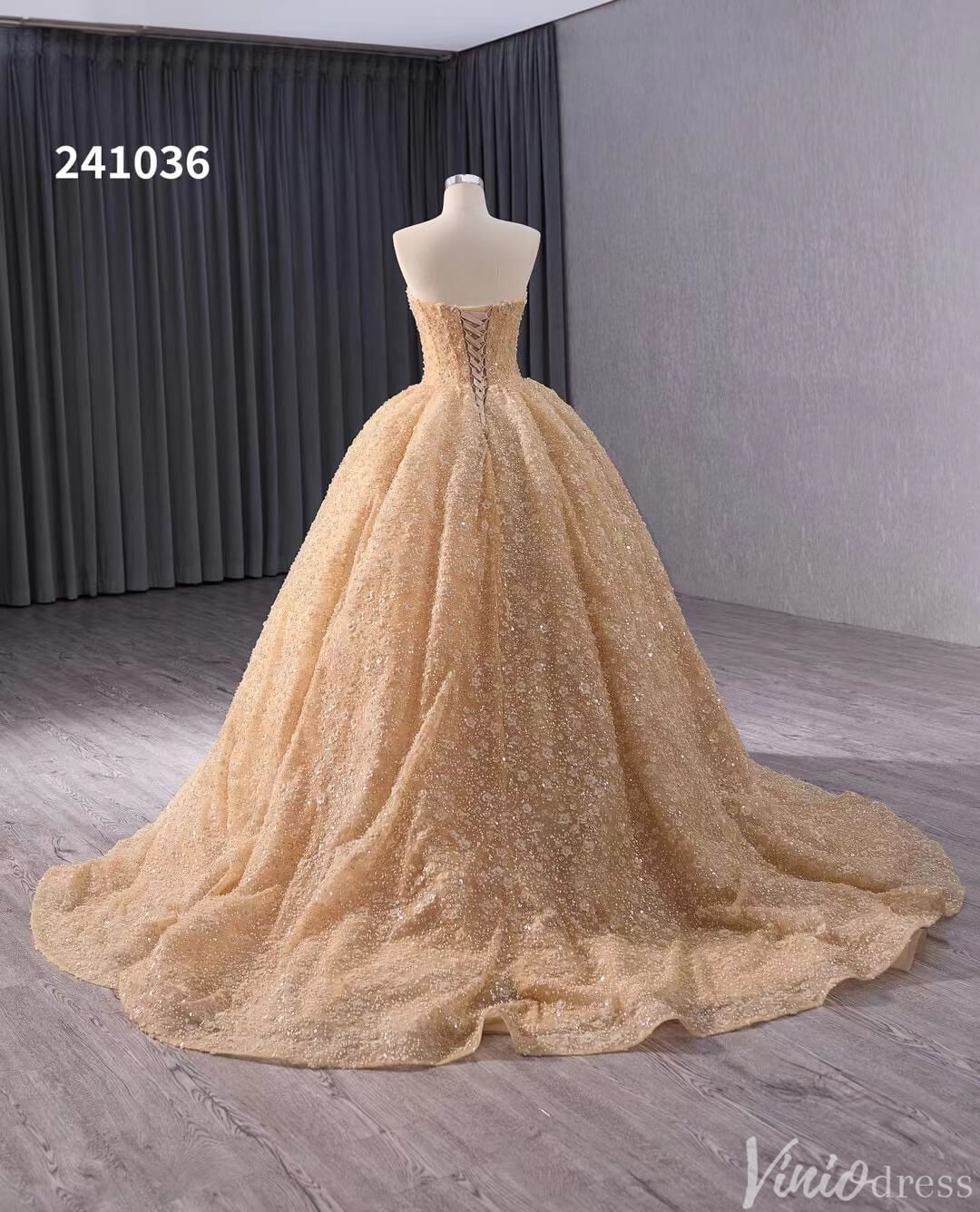 Champagne Beaded Floral Lace Wedding Gown Strapless Quinceanera Dress 241036-Quinceanera Dresses-Viniodress-Viniodress