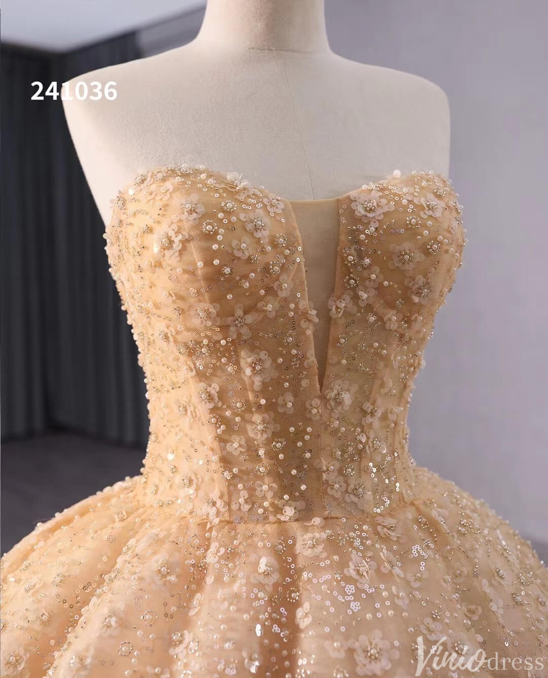 Champagne Beaded Floral Lace Wedding Gown Strapless Quinceanera Dress 241036-Quinceanera Dresses-Viniodress-Viniodress