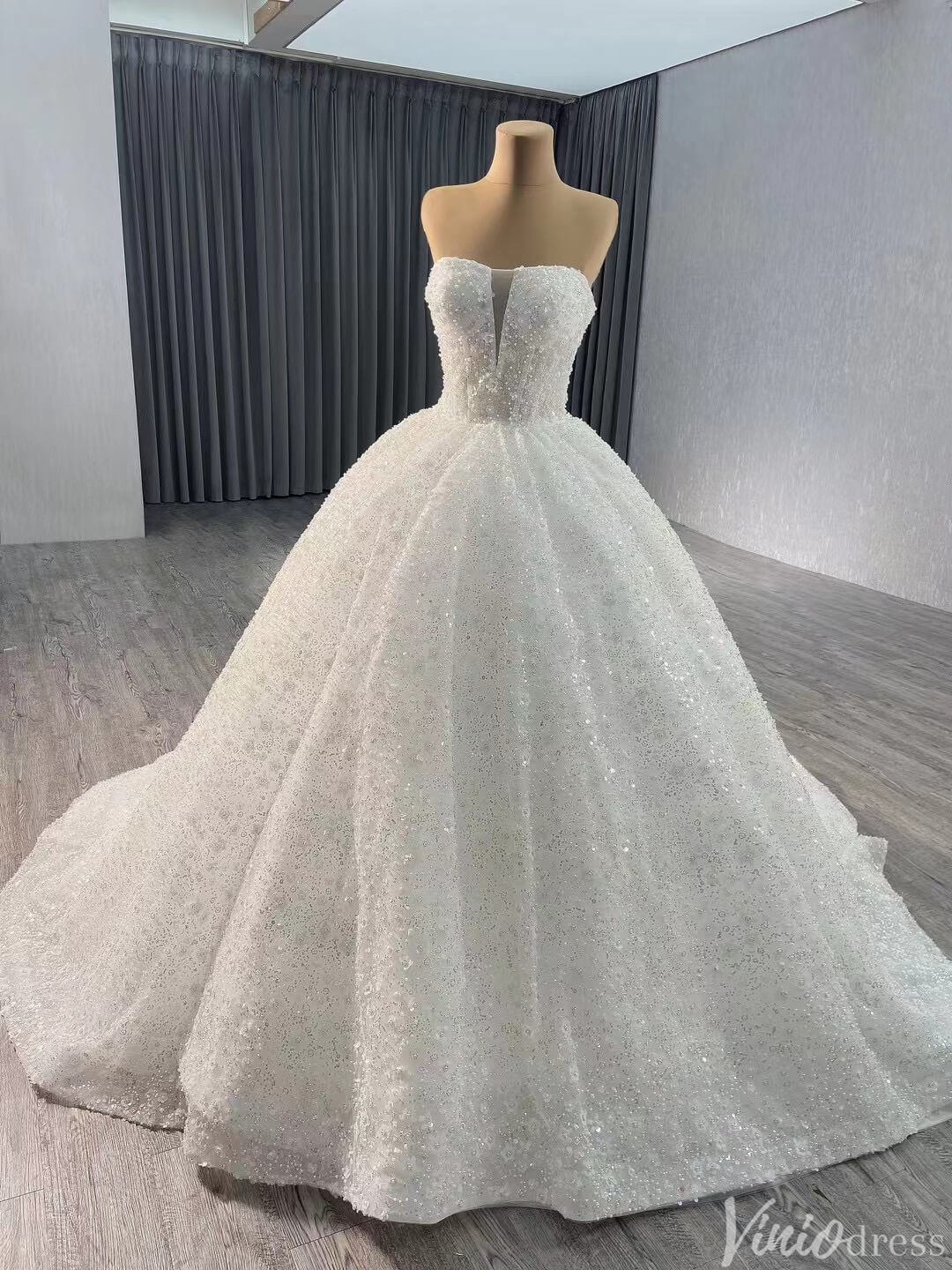 Champagne Beaded Floral Lace Wedding Gown Strapless Quinceanera Dress 241036-Quinceanera Dresses-Viniodress-White-Custom Size-Viniodress