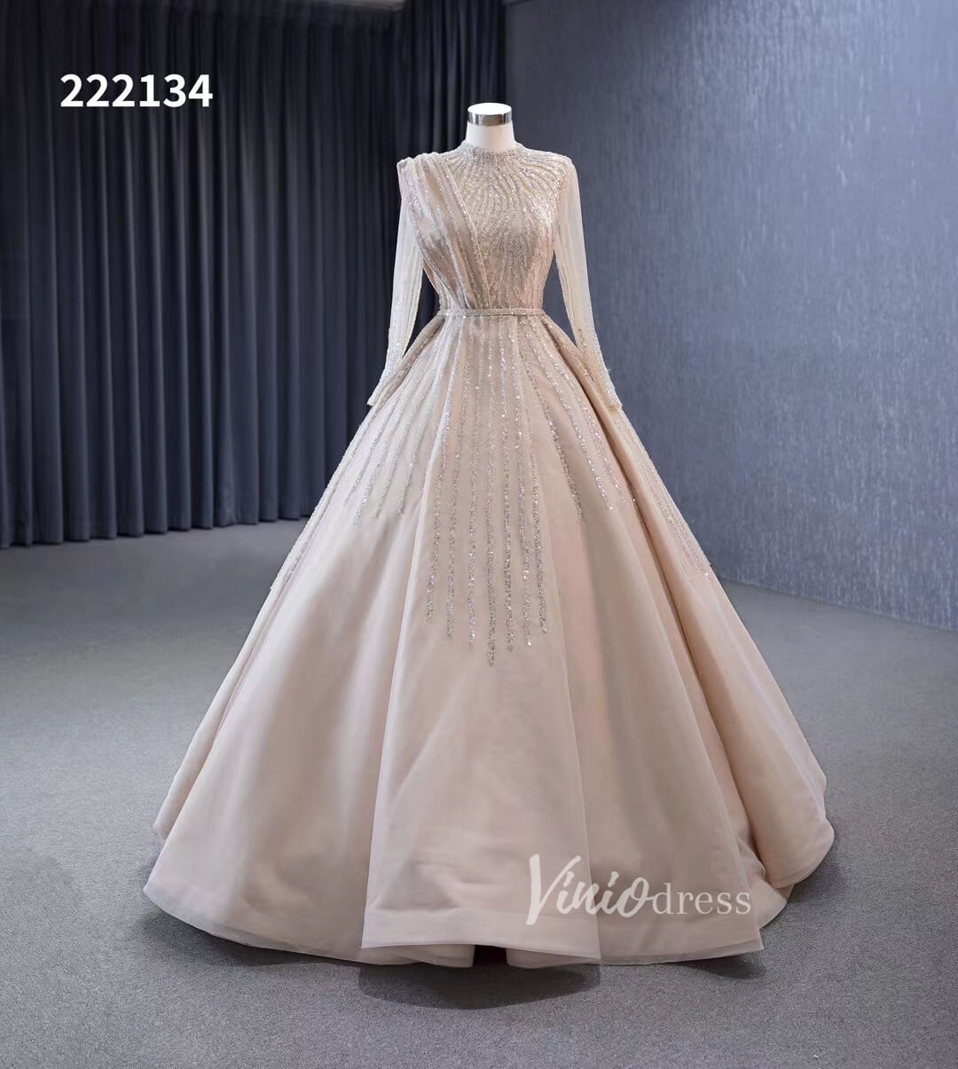 Champagne Beaded Formal Dresses Long Sleeve Wedding Dress 222134-wedding dresses 2025 -Viniodress-Champagne-Custom Size-