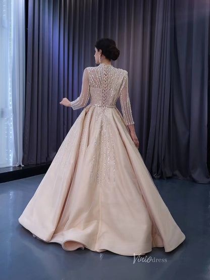 Champagne Beaded Formal Dresses Long Sleeve Wedding Dress 222134-wedding dresses 2025 -Viniodress-Champagne-Custom Size-