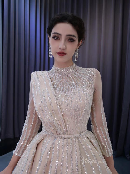 Champagne Beaded Formal Dresses Long Sleeve Wedding Dress 222134-wedding dresses 2025 -Viniodress-Champagne-Custom Size-