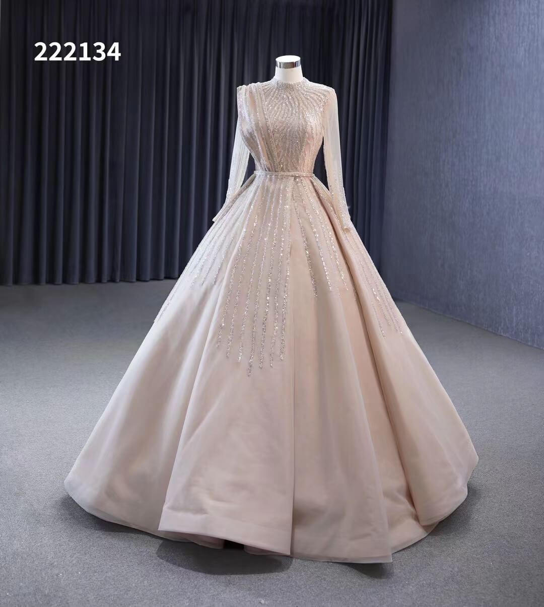 Champagne Beaded Formal Dresses Long Sleeve Wedding Dress 222134-wedding dresses 2025 -Viniodress-Champagne-Custom Size-
