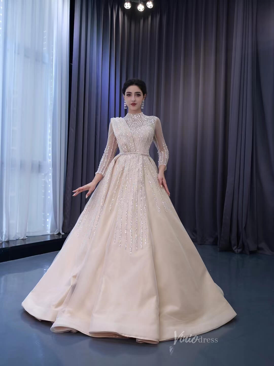 Champagne Beaded Formal Dresses Long Sleeve Wedding Dress 222134-wedding dresses 2025 -Viniodress-Champagne-Custom Size-