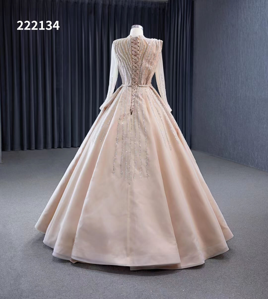 Champagne Beaded Formal Dresses Long Sleeve Wedding Dress 222134-wedding dresses 2025 -Viniodress-Champagne-Custom Size-