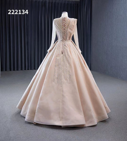Champagne Beaded Formal Dresses Long Sleeve Wedding Dress 222134-wedding dresses 2025 -Viniodress-Champagne-Custom Size-